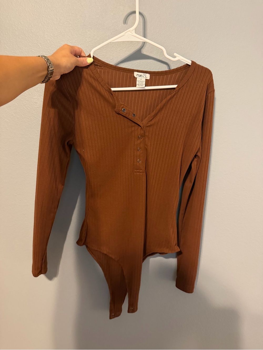 Rue21 Brown Ribbed Long-Sleeve Henley Bodysuit